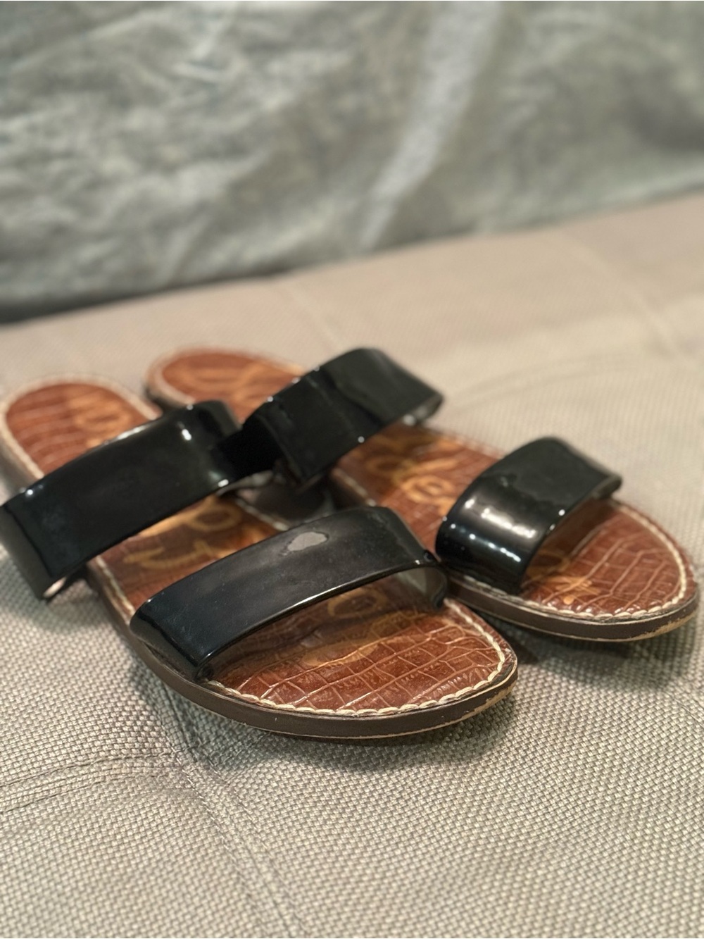 Sam Edelman Black Patent Double-Strap Slide Sandals